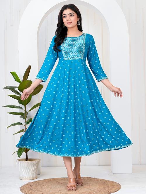 women printed three quarter sleeve flared ethnic dress - 21905843 - Very Small Image - 1