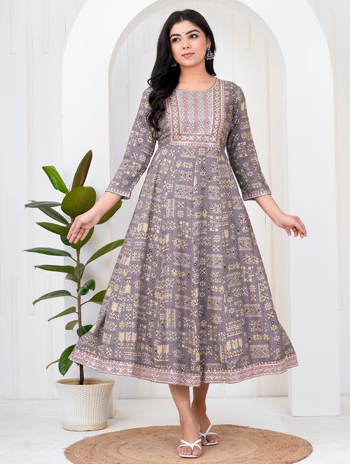 women printed three quarter sleeve flared ethnic dress - 21905844 - Very Small Image - 1