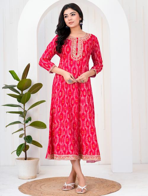 women printed three quarter sleeve flared ethnic dress - 21905847 - Very Small Image - 1