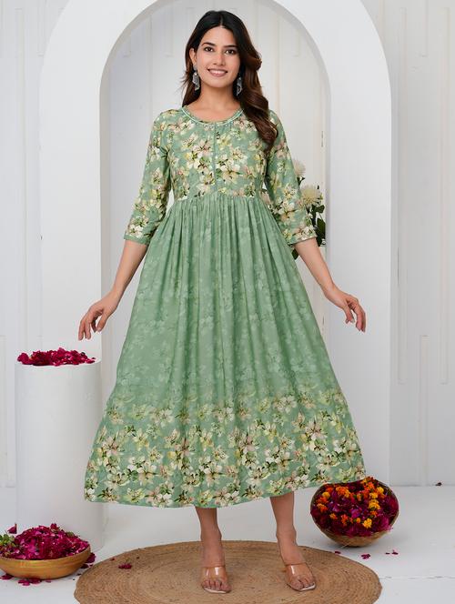 women floral three quarter sleeve flared ethnic dress - 21905851 - Very Small Image - 1