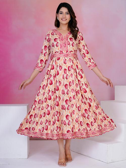 women floral three quarter sleeve flared ethnic dress - 21905854 - Very Small Image - 1