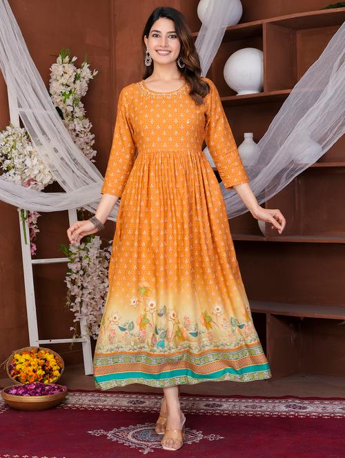 women printed three quarter sleeve flared ethnic dress - 21905855 - Very Small Image - 1