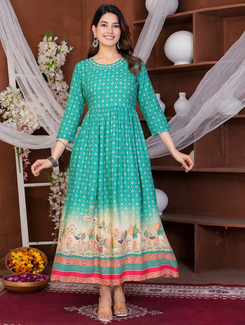 women printed three quarter sleeve flared ethnic dress - 21905858 - Very Small Image - 1