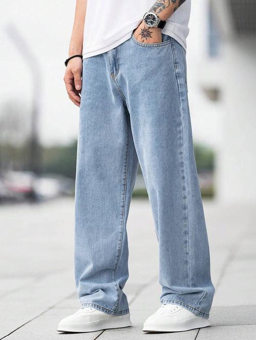 men plain mid rise full length baggy jeans - 21905974 - Very Small Image - 1