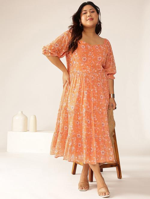 women plus size orange floral printed tiered dress - 21906094 - Very Small Image - 1