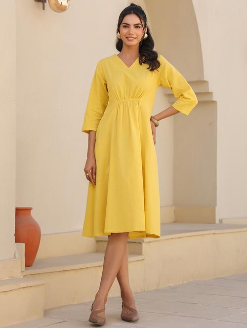 women yellow solid v neck a-line dress - 21906121 - Very Small Image - 1