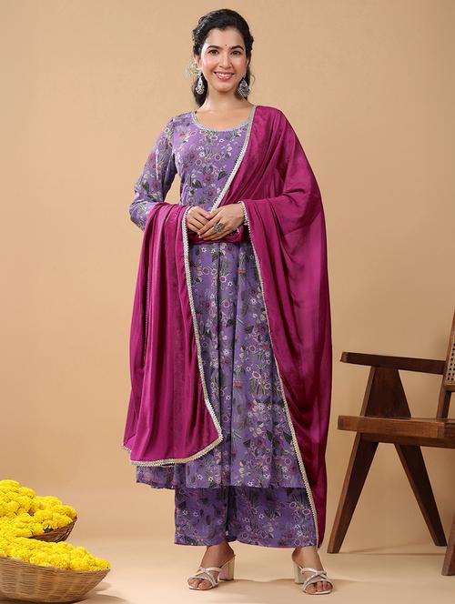 women lavender floral printed kurta palazzo set - 21906171 - Very Small Image - 1