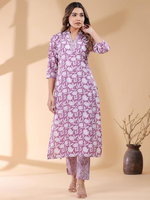 women lavender three quarter sleeve kurta pant set - 21906195 - Very Small Image - 1