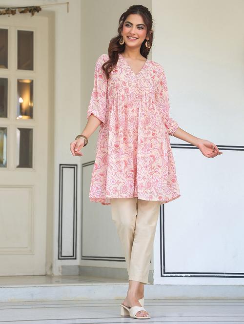 women peach floral printed flared tunic - 21906349 - Very Small Image - 1