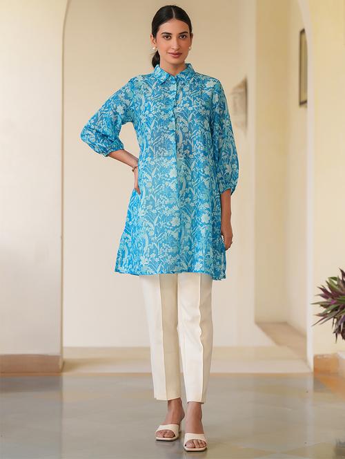 women blue floral printed a-line tunic - 21906354 - Very Small Image - 1