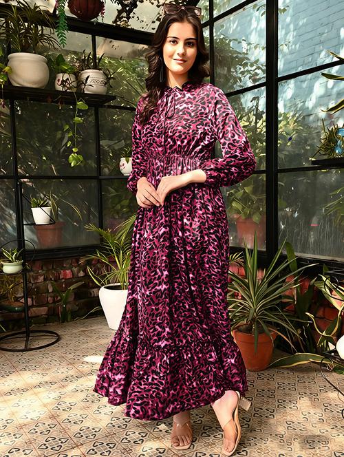 women animal printed tie-up neck tiered dress - 21906562 - Very Small Image - 1