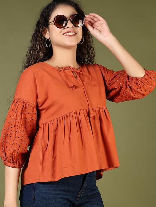 women solid puff sleeve tie-up neck flared top - 21906646 - Very Small Image - 1