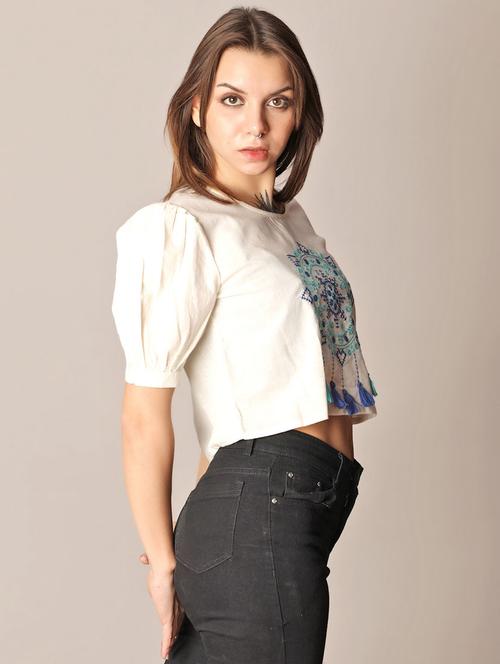 women off white embroidered round neck crop top - 21906647 - Very Small Image - 1