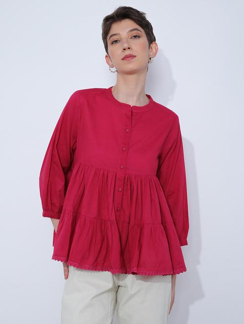 women solid three quarter sleeve tiered top - 21906652 - Very Small Image - 1