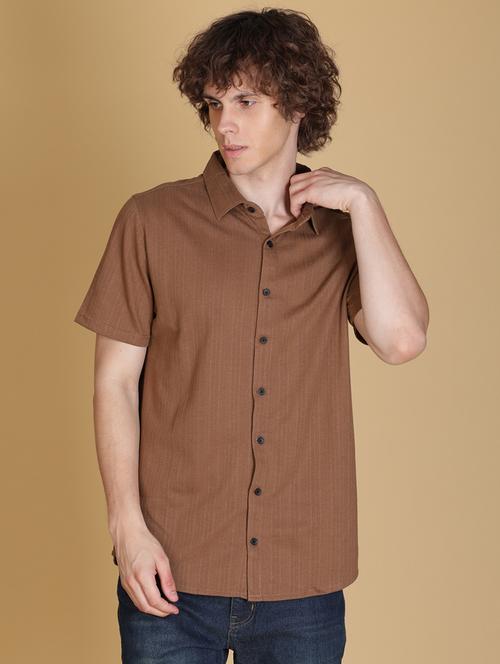 brown textured short sleeves collared casual shirt - 21906860 - Very Small Image - 1