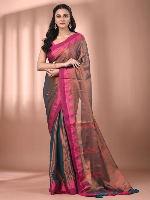 women solid with bordered handloom saree with blouse - 21908420 - Very Small Image - 1