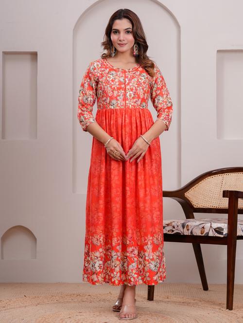 women three quarter sleeve flared ethnic dress - 21908856 - Very Small Image - 1