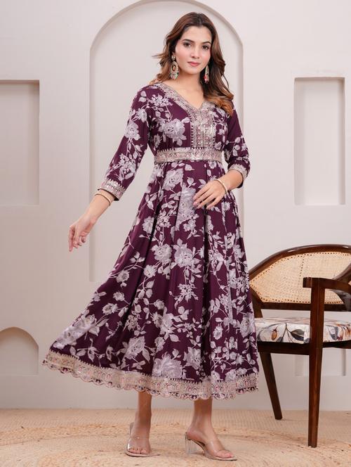 women three quarter sleeve flared ethnic dress - 21908858 - Very Small Image - 1