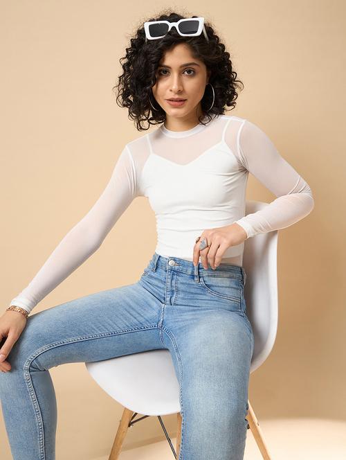 women solid long sleeves sheer top - 21908959 - Very Small Image - 1