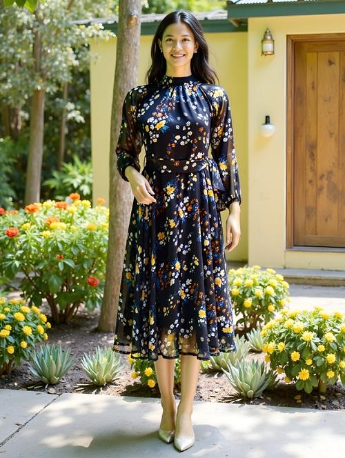 women floral printed bishop sleeve fit & flare dress - 21909329 - Very Small Image - 1
