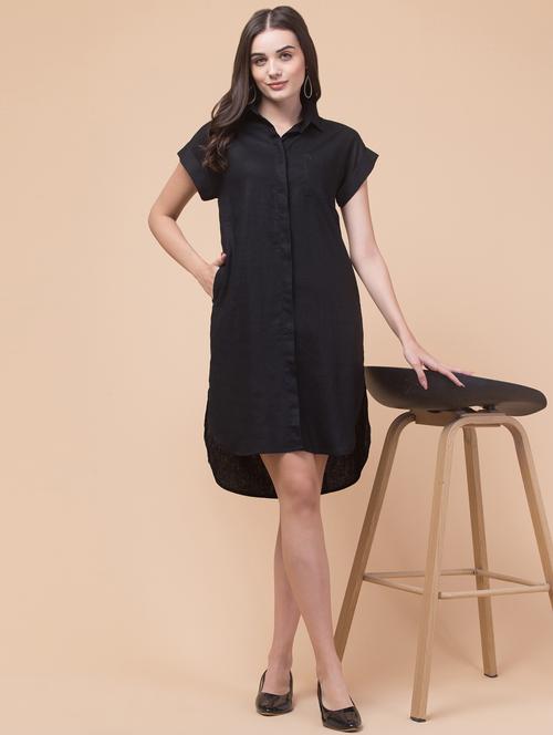 women solid collared high low shirt dress - 21909337 - Very Small Image - 1