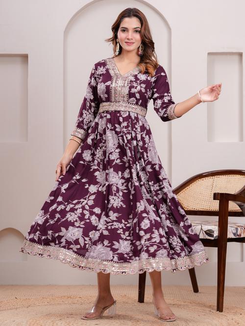 women three quarter sleeve flared ethnic dress - 21909360 - Very Small Image - 1