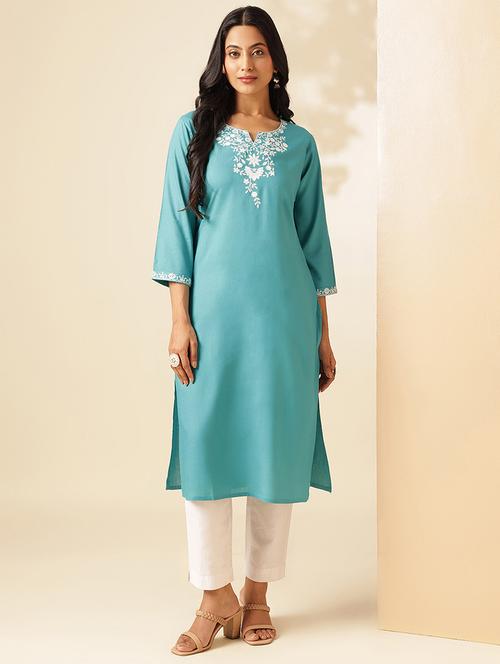 women embroidered three quarter sleeve straight kurta - 21909592 - Very Small Image - 1