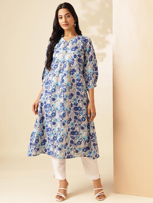 Women Blue Three Quarter Sleeve A-line Kurta - 21909596 - Very Small Image - 1