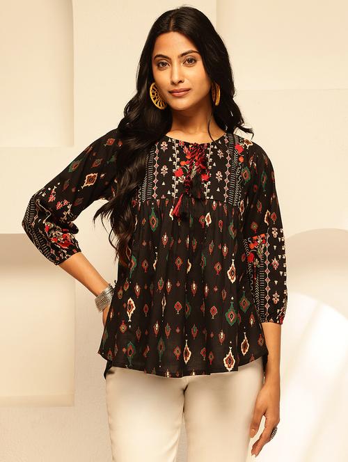 women printed tie-up neck a-line kurti - 21910120 - Very Small Image - 1