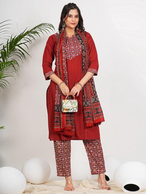 women red three quarter sleeve kurta pant with dupatta set - 21910408 - Very Small Image - 1