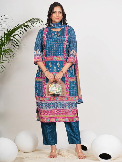 women blue three quarter sleeve kurta pant with dupatta set - 21910409 - Very Small Image - 1
