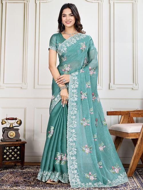 women sea green embroidered saree with blouse - 21910583 - Very Small Image - 1