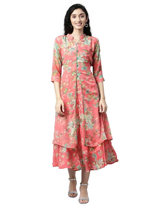 women floral printed mandarin neck layered dress - 21911784 - Very Small Image - 1