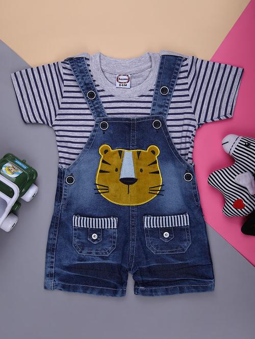 kids striped t-shirt with denim dungree set - 21914978 - Very Small Image - 1
