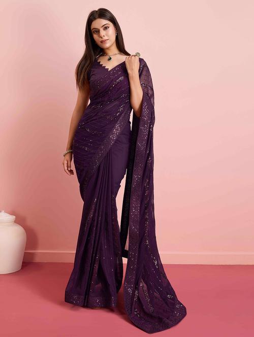 women solid with work embellished saree with blouse - 21916232 - Very Small Image - 1