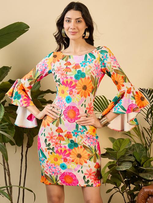 women floral printed bell sleeves bodycon dress - 21917202 - Very Small Image - 1