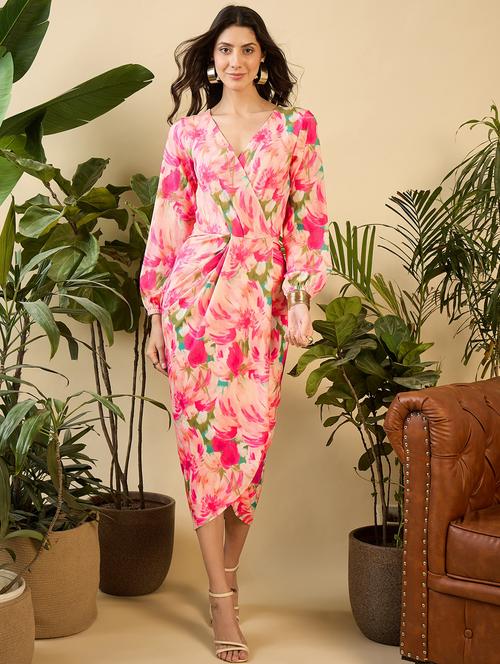 women floral printed puff sleeves wrap dress - 21917217 - Very Small Image - 1