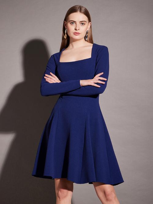 women solid long sleeves fit & flare dress - 21917236 - Very Small Image - 1
