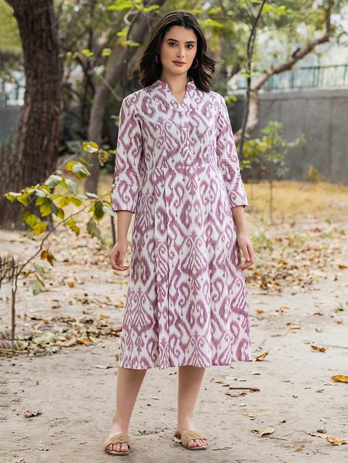 women printed mandarin neck fit & flare dress - 21917265 - Very Small Image - 1