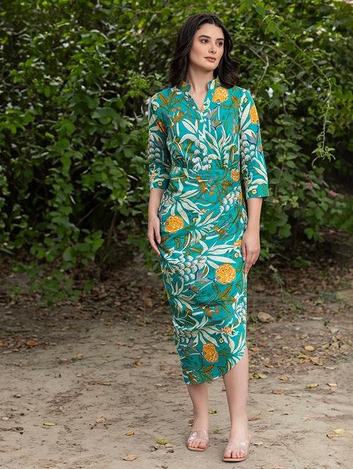 women floral printed mandarin neck asymmetric dress - 21917276 - Very Small Image - 1
