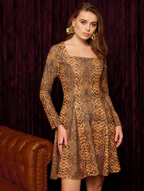 women animal printed long sleeves fit & flare dress - 21917302 - Very Small Image - 1