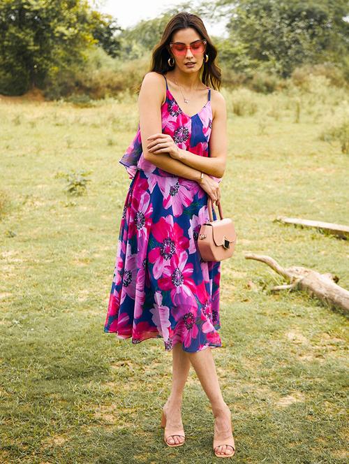 women floral printed shoulder strap fit & flare dress - 21917392 - Very Small Image - 1