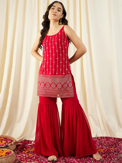 women mirror work sleeveless kurta and sharara with dupatta  - 21917488 - Very Small Image - 1