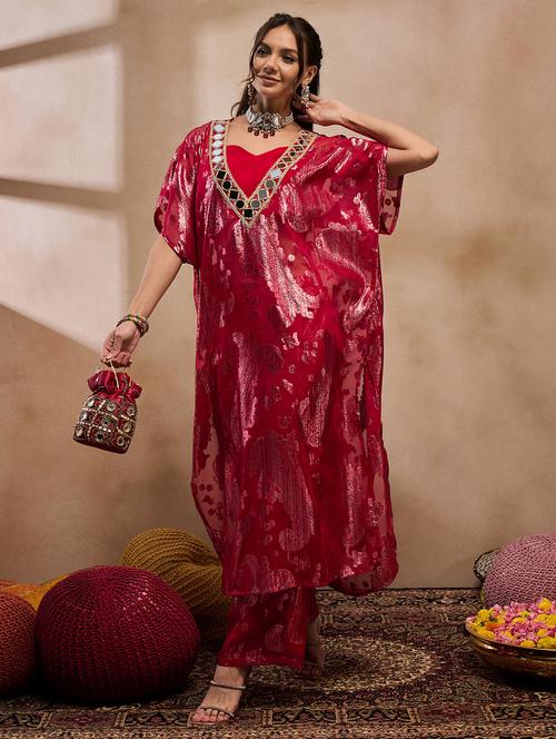 women self design top trouser with kaftan fusion set - 21917530 - Very Small Image - 1