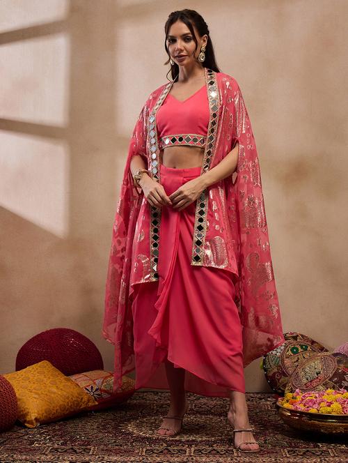 women printed dhoti blouse with shrug fusion set - 21917535 - Very Small Image - 1