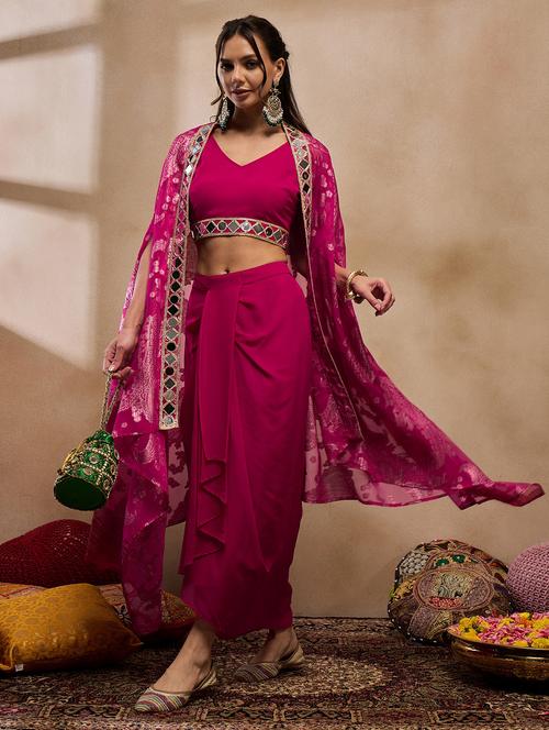 women printed dhoti blouse with shrug fusion set - 21917536 - Very Small Image - 1