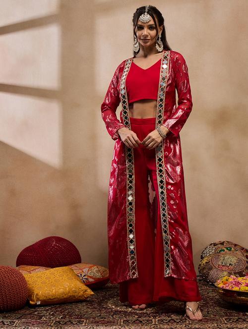 women self design top trouser with jacket fusion set - 21917548 - Very Small Image - 1