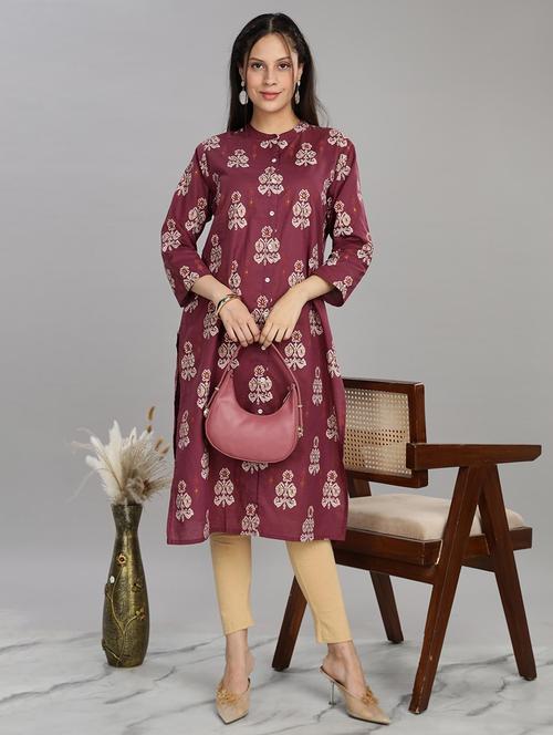 women purple three quarter sleeve a-line kurta - 21917817 - Very Small Image - 1