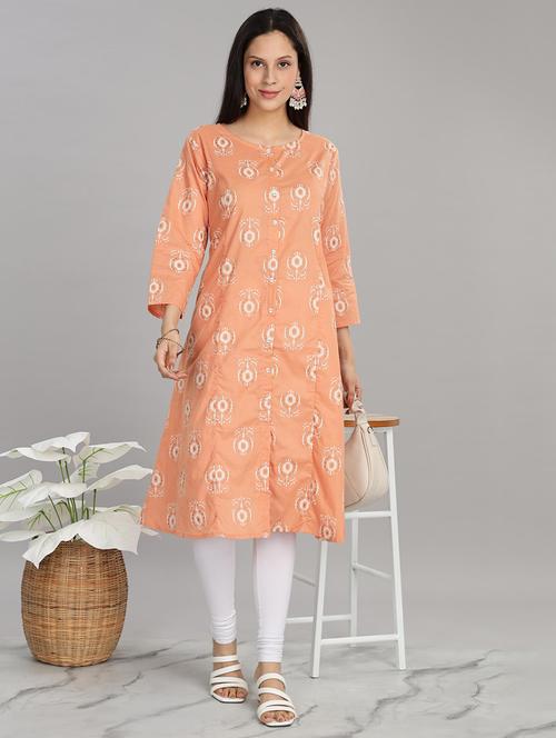 women peach three quarter sleeve a-line kurta - 21917818 - Very Small Image - 1