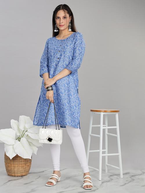 women blue three quarter sleeve straight kurta - 21917826 - Very Small Image - 1